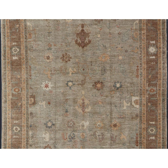 Large Turkish Angora Oushak Rug in Washed Sage With Rust and Ivory 11'10 X 17'4 For Sale - Image 4 of 17