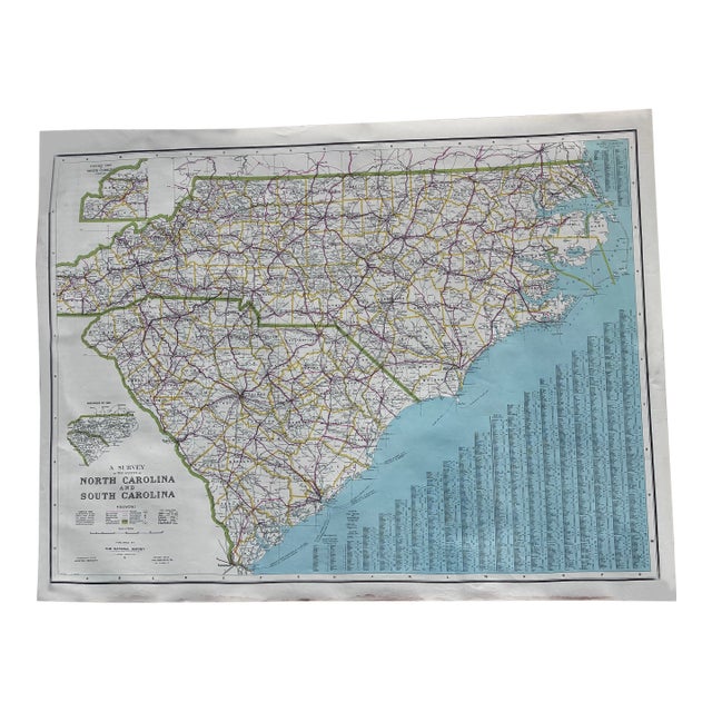 Antique 1914 Map of North and South Carolina by the National Survey Co Topographical Offices I. V. Crocker For Sale