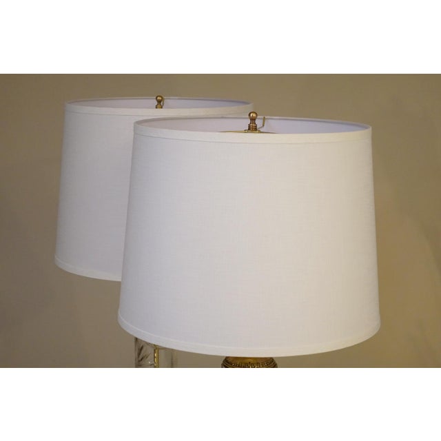 1960s Matched Pair Large Dresden Hollywood Regency Cut Crystal Glass Brass Column Table Lamps - a Pair For Sale - Image 12 of 15