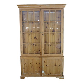 Late 20th Century Rare English Knotty Pine Shallow Glazed Glass China Display Cabinet Cupboard 95" For Sale
