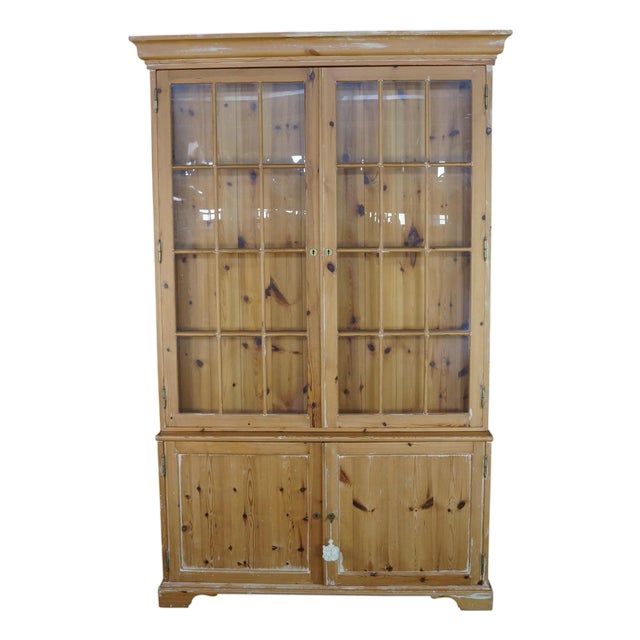 Late 20th Century Rare English Knotty Pine Shallow Glazed Glass China Display Cabinet Cupboard 95" For Sale