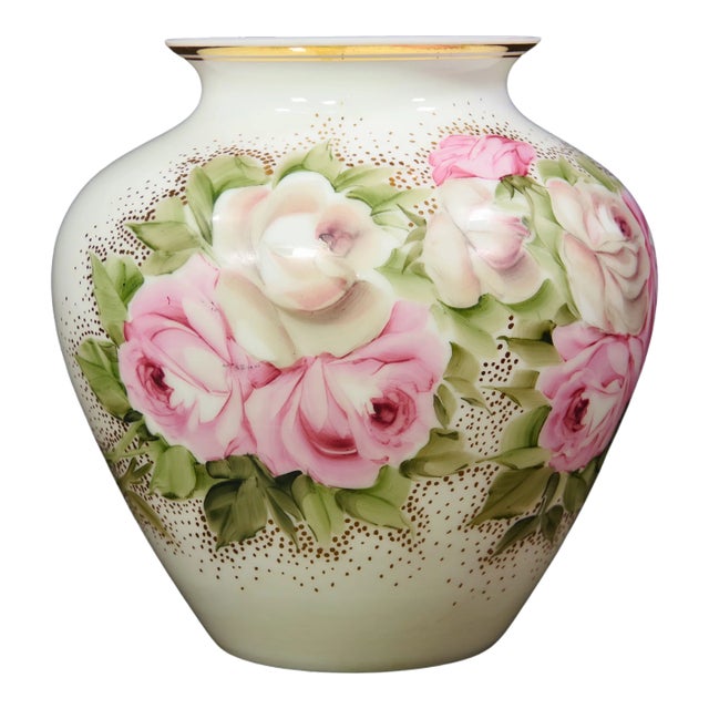 Rose Bouquet Hand-Painted Large Milk Glass Vase, Circa Late 20th Century For Sale