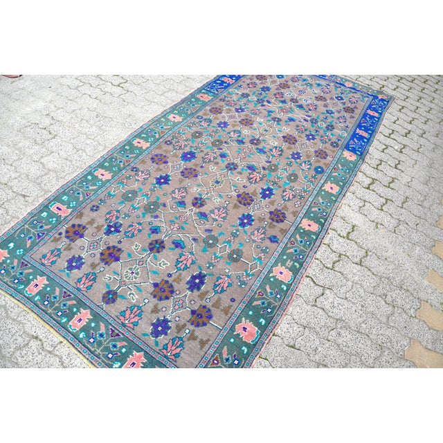 1960s 1960s Floral Design Modern Blue and Gray Vintage Aztec Rug For Sale - Image 5 of 11