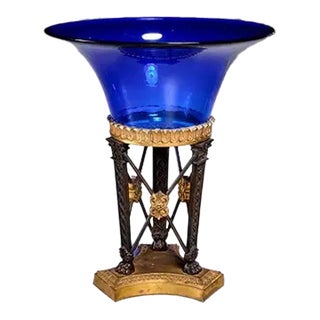 19th Century Empire Style Gilt Bronze and Cobalt Glass Compote For Sale
