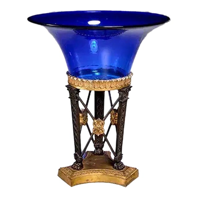 19th Century Empire Style Gilt Bronze and Cobalt Glass Compote For Sale