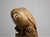 A finely carved Japanese boxwood okimono depicting a hawk perched atop a hollow cylindrical base, its head lowered in an...