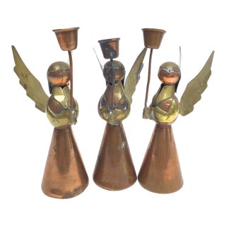 Mid Century Brass & Copper Angel Candlestick Holder Set For Sale