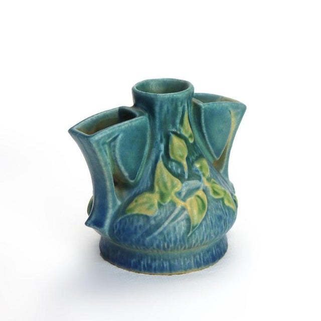 Roseville Pottery Roseville Art Pottery Blue Flower Frog With Clematis Pattern Mid 20th Century For Sale - Image 4 of 8