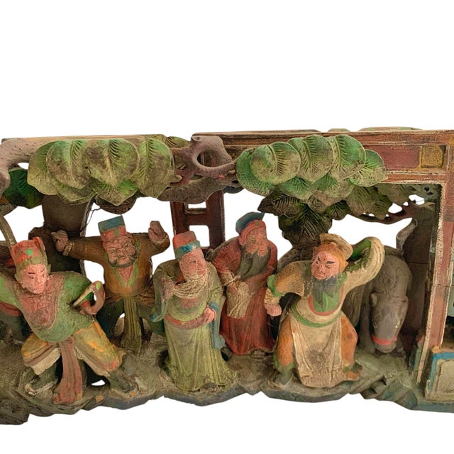 Late 20th Century Late 20th Century Hand Carved Relief Wood Panel Temple Scene Old Vintage Folk Art Oriental Decor For Sale - Image 5 of 9