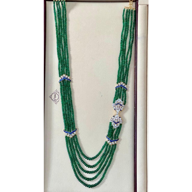 Approximately 300 Carat very fine Emerald Beads 5 Line Necklace With 14 Karat Yellow Gold Clasp Adjustable with multiple...