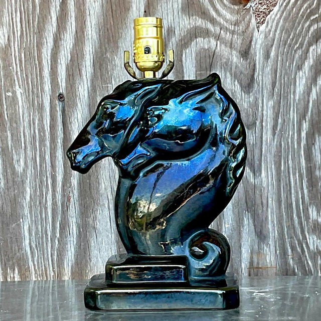 Ceramic Vintage Blue Glazed Double Horse Head Lamp For Sale - Image 7 of 13