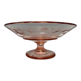 Vintage Pink Depression Glass Etched Floral Compote on Pedestal, C. 1930s For Sale