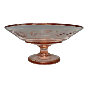 Vintage Pink Depression Glass Etched Floral Compote on Pedestal, C. 1930s