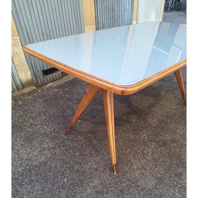 Dining Table Wooden Base, Brass Finishes, Wooden and Blue Glass Top, 1950s For Sale - Image 4 of 6