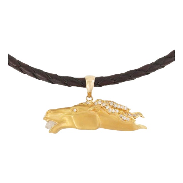 Carrera y Carrera Diamond 18k Yellow Gold Horse Pendant & Woven Cord Necklace For Sale