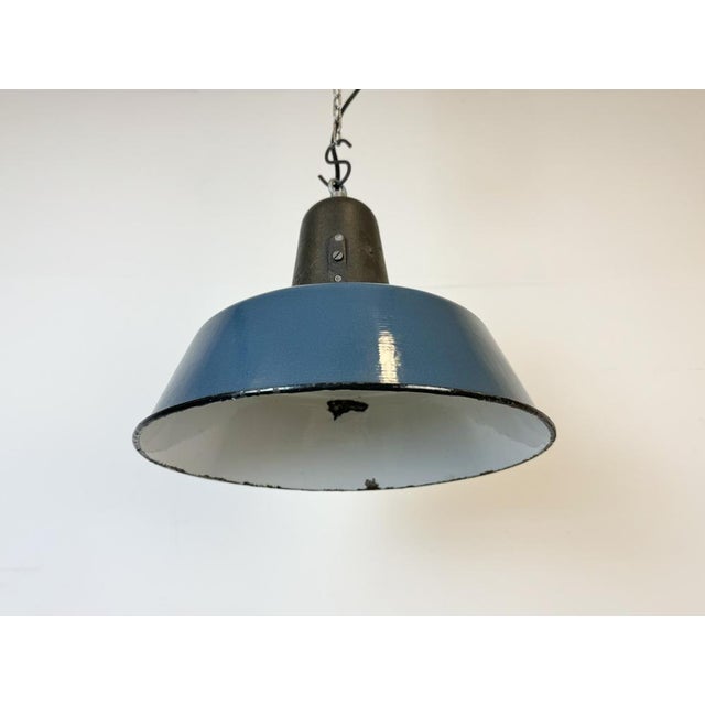 Paint Industrial Blue Enamel Factory Lamp with Cast Iron Top, 1960s For Sale - Image 7 of 18