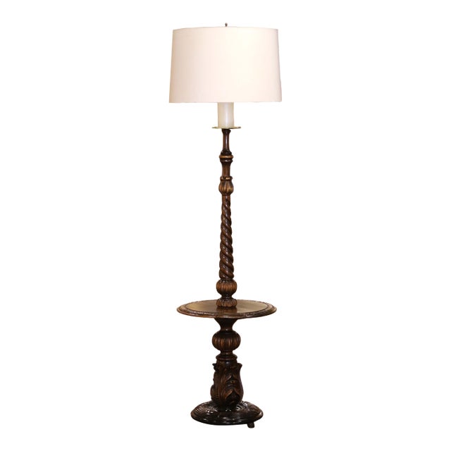 Early 20th Century French Louis XIII Walnut Barley Twist Floor Lamp With Table For Sale