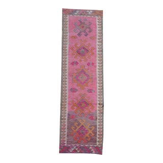 1970s Vintage Turkish Oushak Handmade Wool Cotton Pink Runner Rug For Sale
