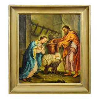 Mary and Joseph in the Barn of Bethlehem, Oil on Canvas, Framed For Sale