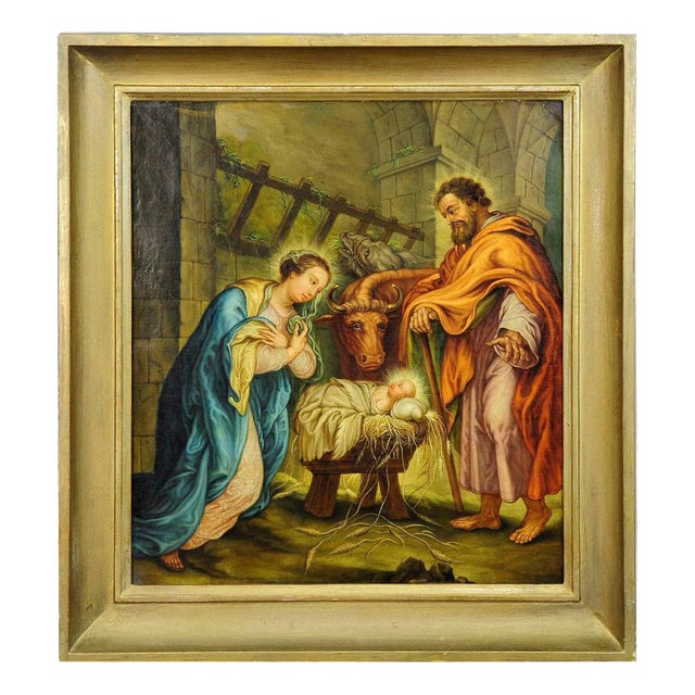 Mary and Joseph in the Barn of Bethlehem, Oil on Canvas, Framed For Sale