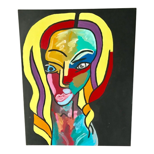 1990s 30” Abstract Pop Art Acrylic Painting “ Two Faced " - Signed Original For Sale