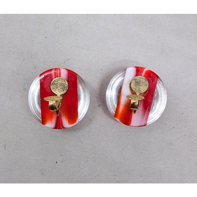 Metal Vintage 1970s Signed Crown Trifari Round Domed Clear, Red & White Striped Clip Earrings-2 Pieces For Sale - Image 7 of 7
