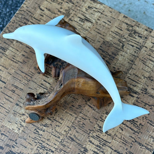 Mid-Century Modern Vintage John Perry Dolphin Sculpture on Burled Teak Root Base For Sale - Image 3 of 10