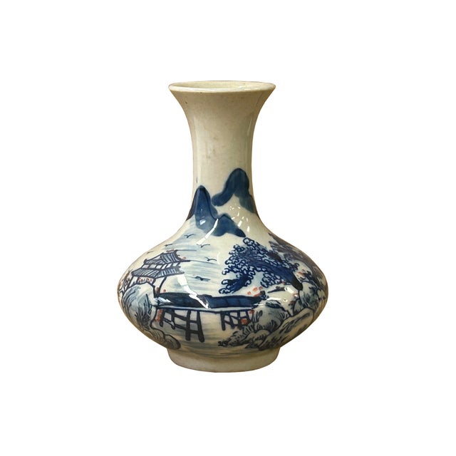 4.5" Chinese Blue White Scenery Flower Graphic Small Porcelain Art Vase For Sale In San Francisco - Image 6 of 12