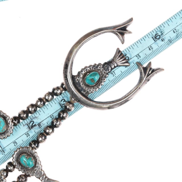 Silver 27" C1960's Native American Cast Silver and Turquoise Squash Blossom Necklace For Sale - Image 8 of 9