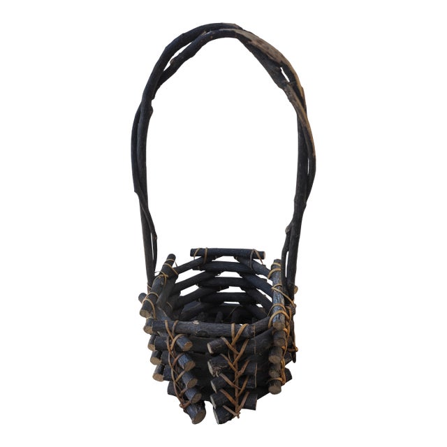 Black Twig Handmade Fruit Picking Basket Vintage For Sale
