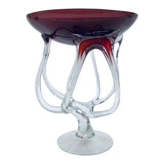 Mid-Century Modern Cranberry Red Art Glass Footed Centerpiece Bowl For Sale