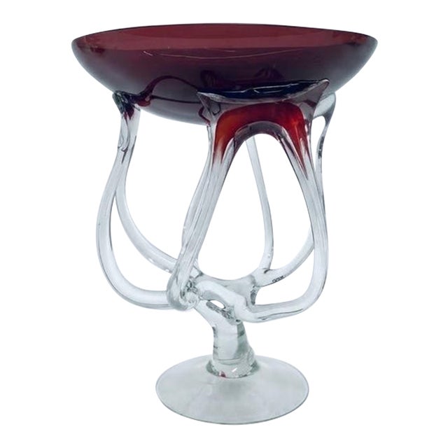 Mid-Century Modern Cranberry Red Art Glass Footed Centerpiece Bowl For Sale
