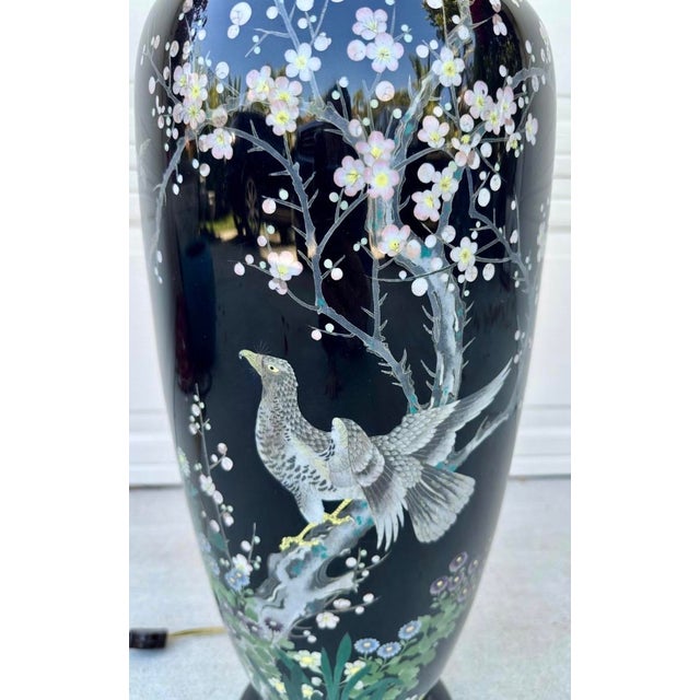 Metal Late 19th Century Huge Meiji Japanese Cloisonné Black Ground Bird & Blossom Tall Table Lamp 40" For Sale - Image 7 of 18