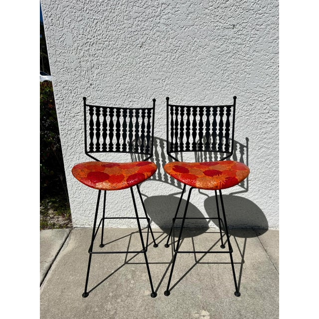 Mid-Century Modern Pair of Mid 20th Century Modern Wrought Iron Swivel Barstools in the Style of Arthur Umanoff For Sale - Image 3 of 10