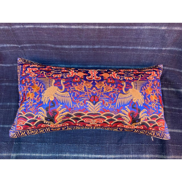 Chinoiserie Hollywood Regency Blue & Gold Silk Embroidered Chinoiserie Boudoir Lumbar Pillow For Sale - Image 3 of 7