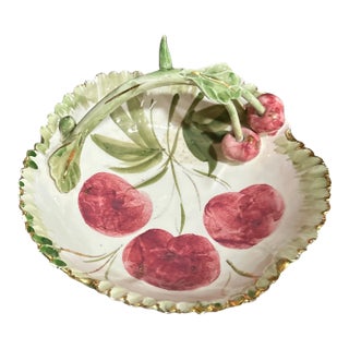 Vintage Ceramic Italian Cherry Dish With Handle and Gold Rim For Sale