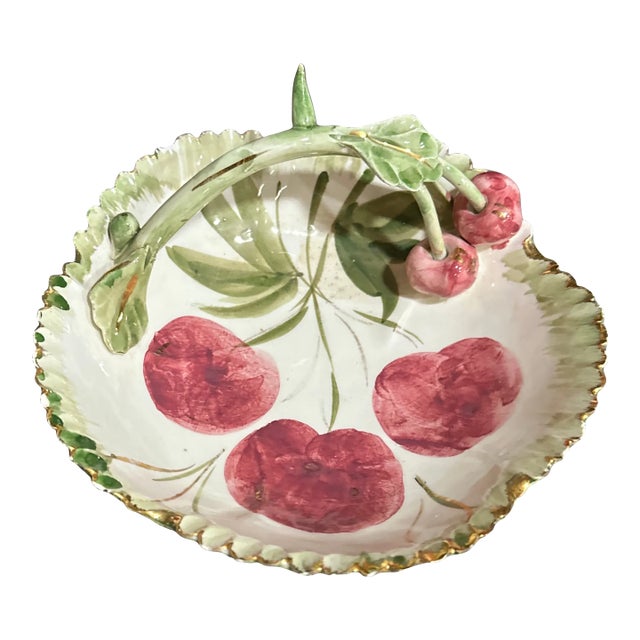 Vintage Ceramic Italian Cherry Dish With Handle and Gold Rim For Sale