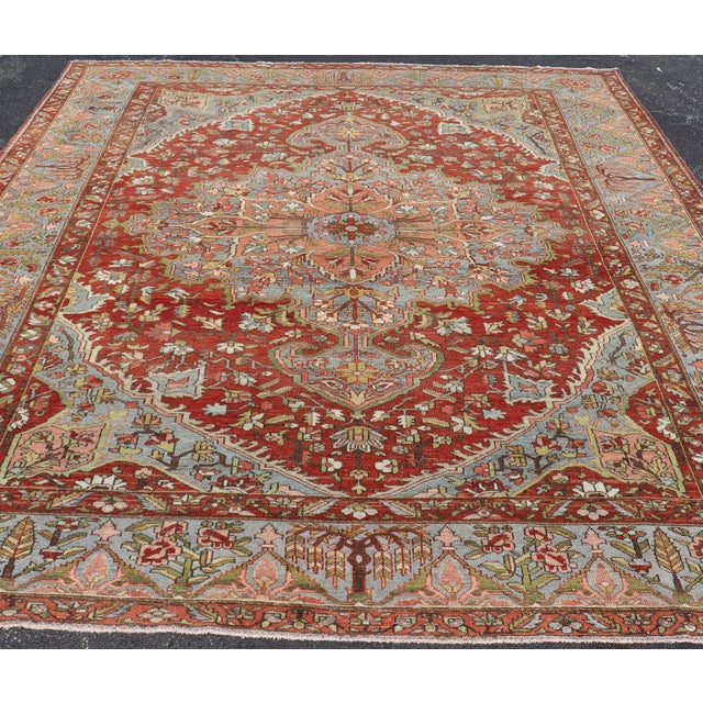 Red Antique Persian Bakhtiari Rug With Red Field and Blue Medallion Design For Sale - Image 8 of 16