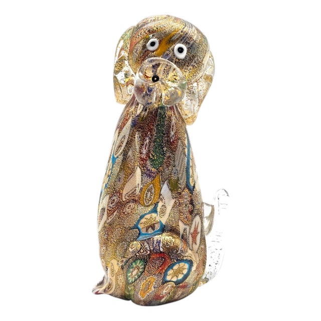 Murano Campanella Millefiori Glass Dog Figurine With Gold Fleck, 4" For Sale