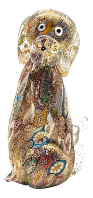 Murano Campanella Millefiori Glass Dog Figurine With Gold Fleck, 4.25"