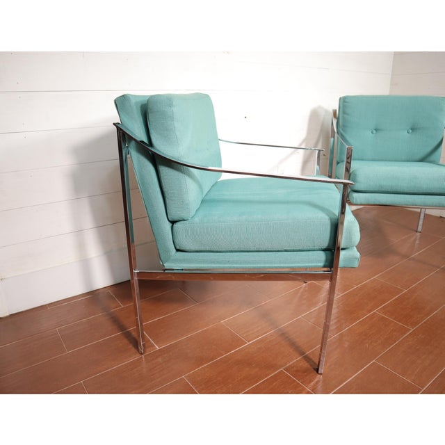 Mid-Century Modern Vintage Pair Mid Century Chrome Frame Chairs Milo Baughman Style Green Fabric Modern Retro Sculptural 60's 70’s For Sale - Image 3 of 14