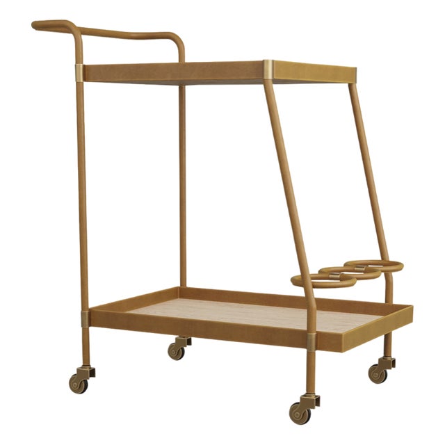 Brand New Arteriors Home Sanders Leather & Blonde Oak Bar Cart For Sale