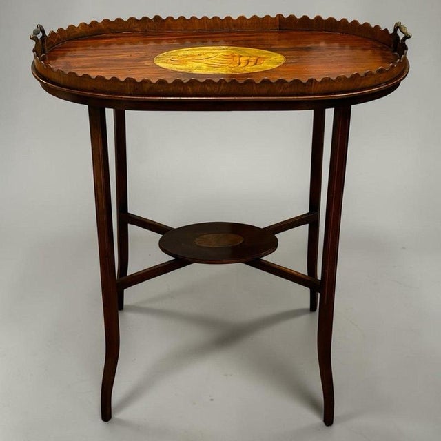 Antique English Wood Tray Top Serving Table with Inlaid Conch Design A very useful piece of furniture that can be lifted...
