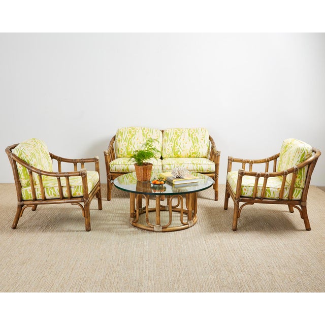 Mcguire Settee Armchairs And Cocktail Table Living Room Suite Chairish
