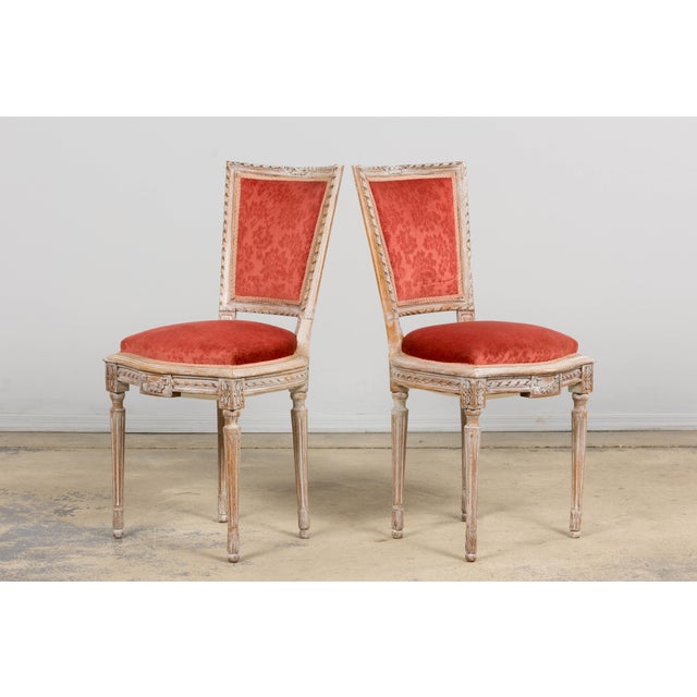Antique French Louis XVI Style Painted Side Chairs W/ Red Velvet Damask – A Pair For Sale - Image 14 of 18
