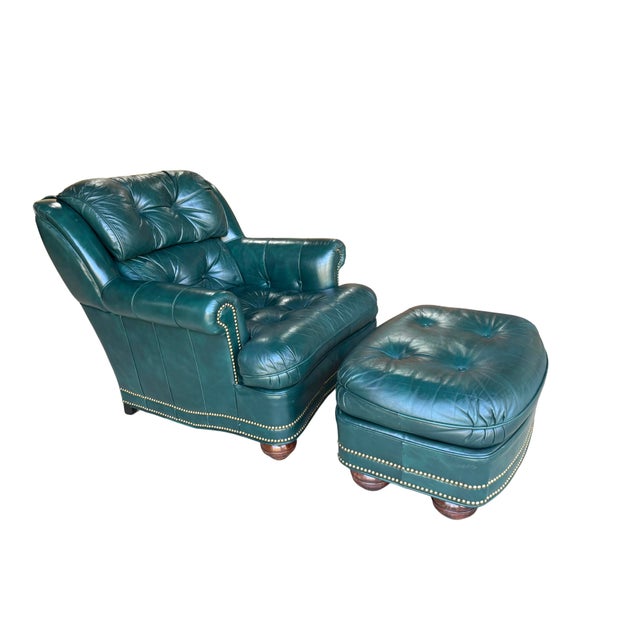 Vintage Thomas-Bain Leather Club Chair & Ottoman Set in Peacock Teal Green | Tufted Traditional Lounge Seating For Sale - Image 6 of 18
