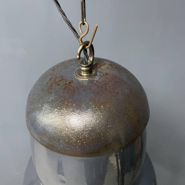 Large Industrial Blue-Gray Enamel Hanging Lamp, 1940s For Sale - Image 9 of 18