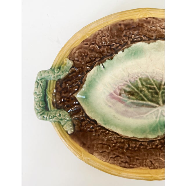 English Antique 19th C Majolica Begonia Leaf and Faux Bois Platter C1880s For Sale - Image 3 of 6