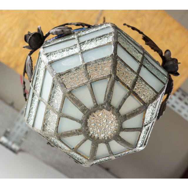 French Art Deco Ceiling Lamp in Lead and Textured Glass, 1930s For Sale - Image 11 of 15