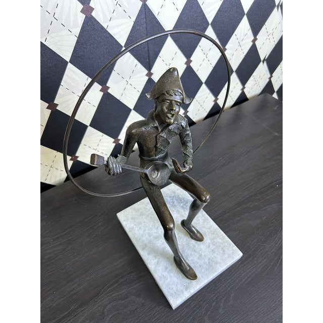 Signed Gustavo Gutierrez Bronze Harlequin Musician Sculpture on Marble Base, Edition 7/10 For Sale - Image 10 of 18